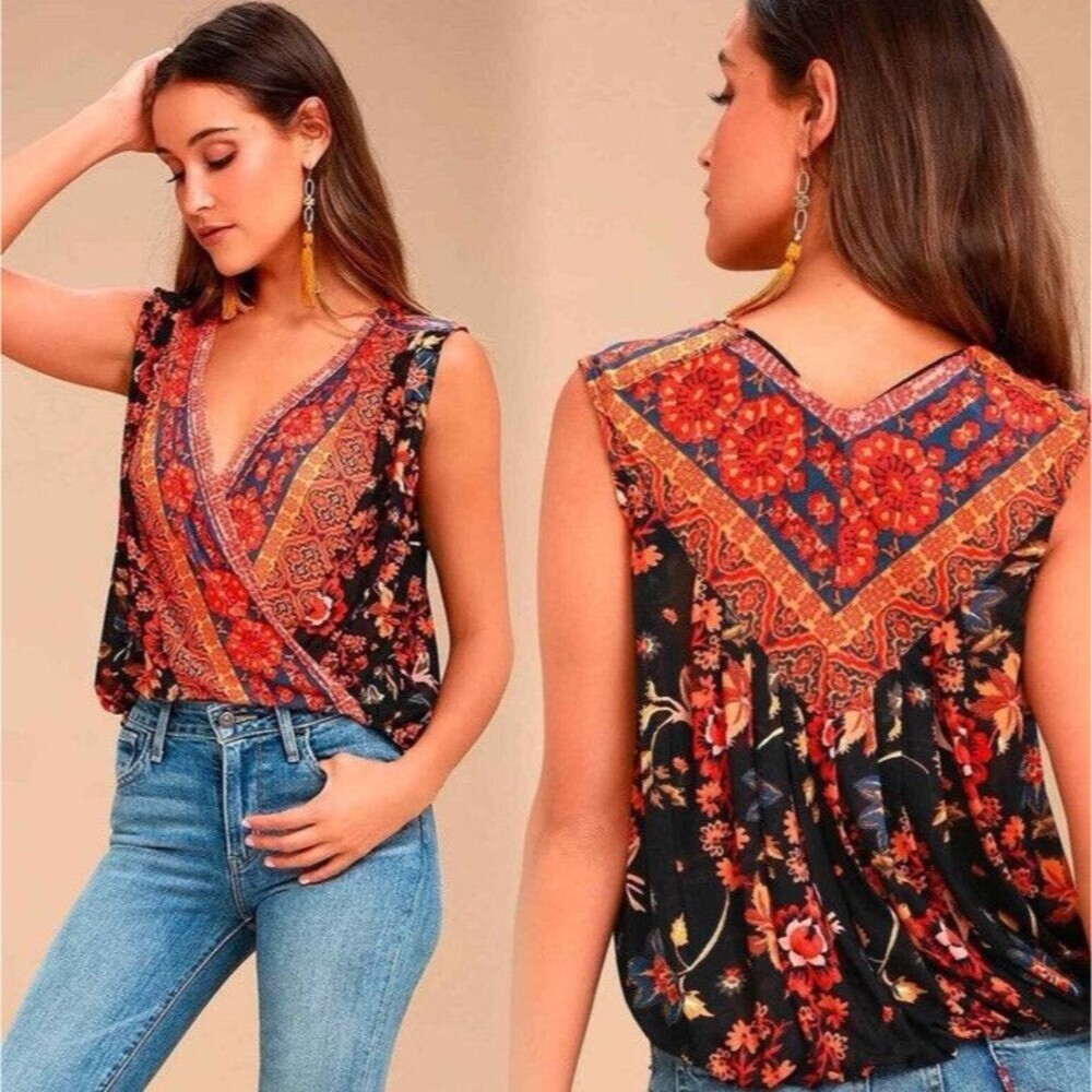 Free People Havana Floral Sleeveless Surplice Faux Wrap Blouse Top Bohemian Sz M